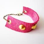 Leather Spike Bracelet, Pink Leather Gold Spikes..