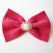 Pink leather bow brooch, pink bow pin, snowflake silver bow brooch, leather pin, leather bow pin, girly brooch