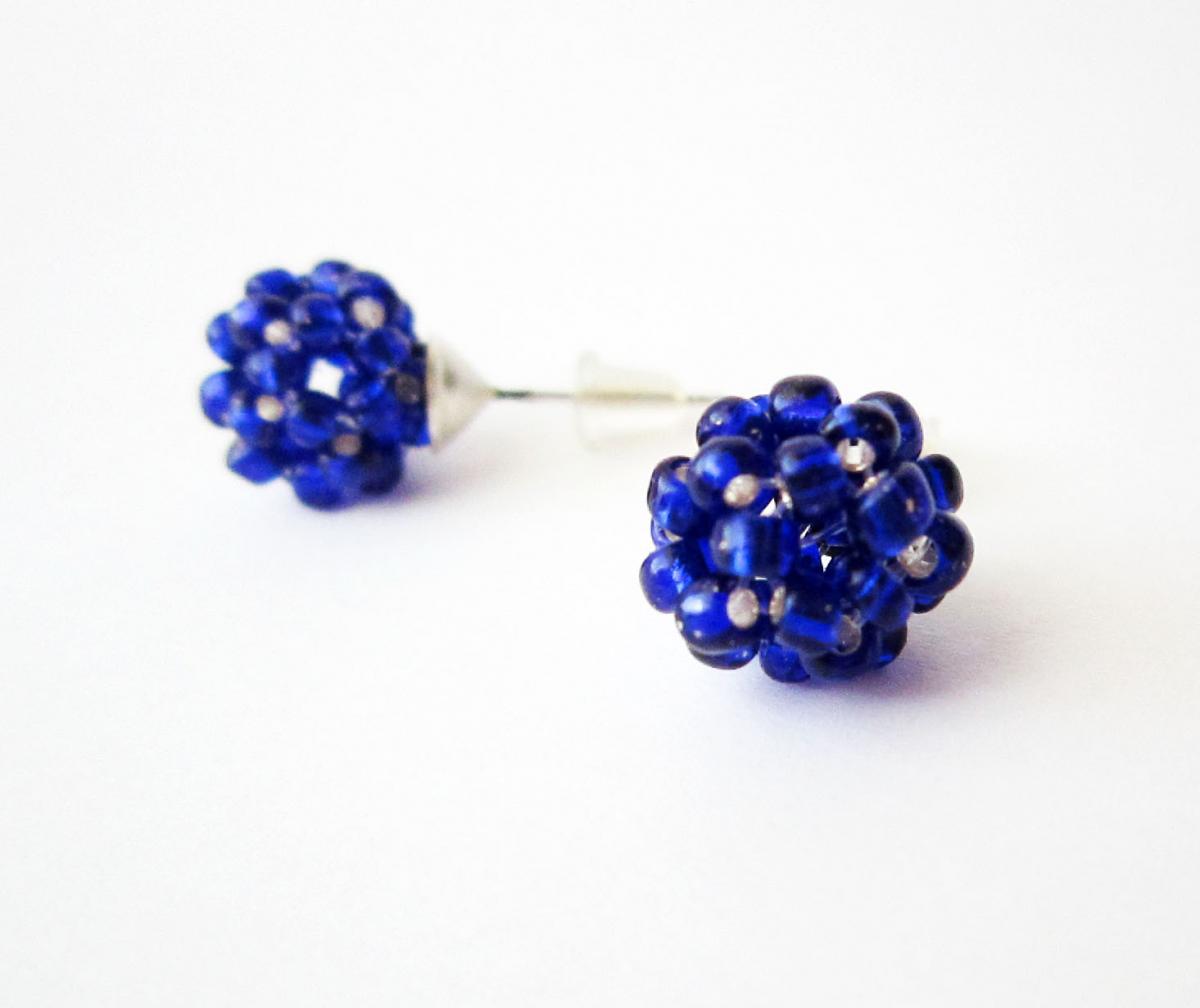 Blue Post Earrings, Beadwork Earrings, Metallic Blue Earrings Studs, Small, Cute, Summer, Spring Fashion, Ball, Chemistry Earrings