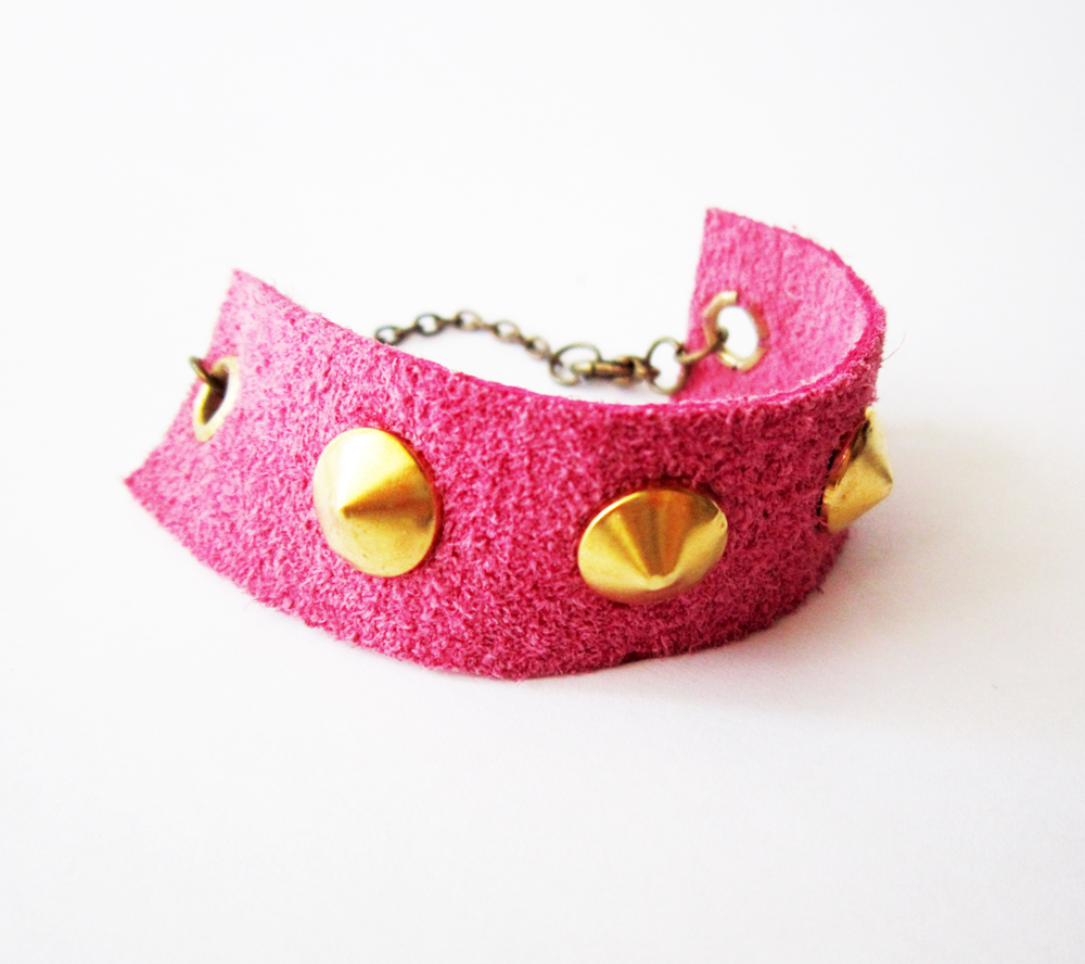 Leather Spike Bracelet, Pink Leather Gold Spikes Cuff, Gold Stud Pink Cuff, Girly Punk Bracelet, Neon Pink Jewelry