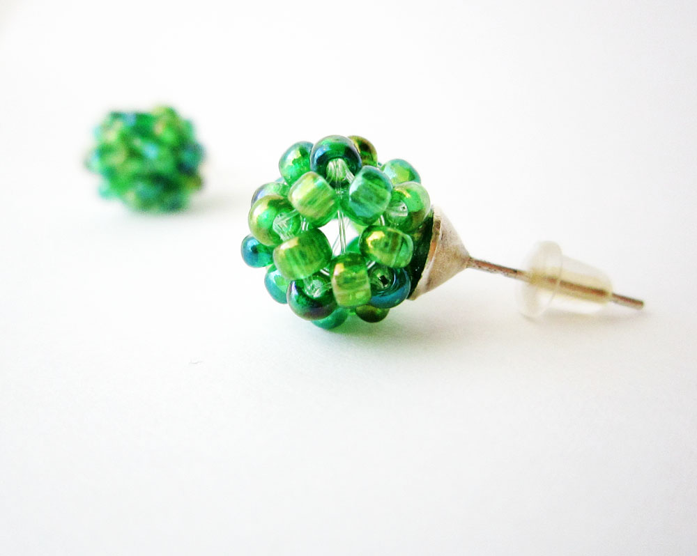 Green Post Earrings, Iridiscent Green Earrings Studs, Small, Cute, Summer, Spring Fashion, Ball, Chemistry Earrings