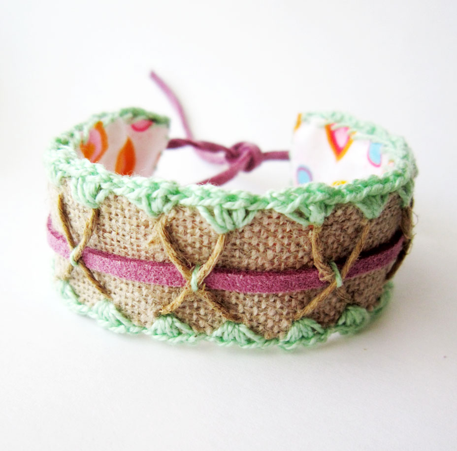Pastel Bracelet Cuff - Ecofriendly Pistachio, Purple, Beige, Handmade, Crochet, Embroidery Cuff, Cute Bracelet